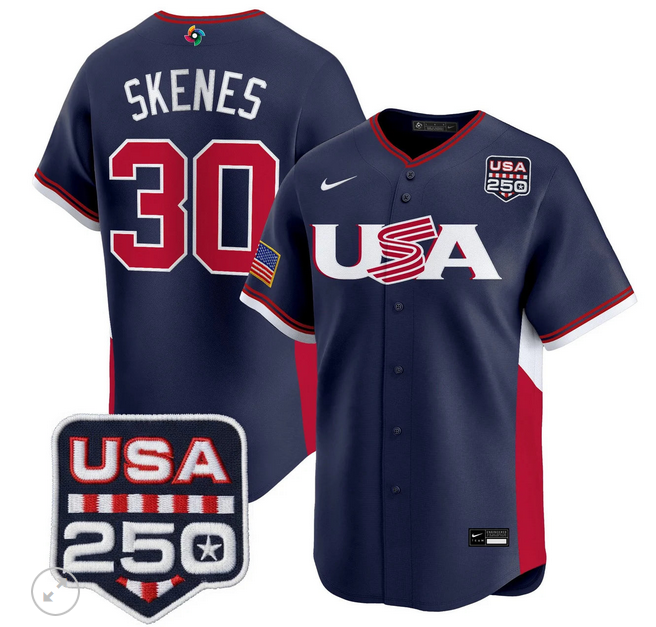 Men Team USA World Baseball Classic 250 America Patch #30 Paul Skenes blue 2026 MLB Jersey->->MLB Jersey
